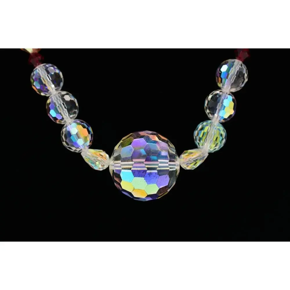 Vintage Glass Crystal Beaded Necklace Aurora Borealis Heavy Chunky Signed Bin3B